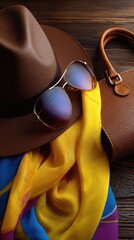 Brown hat sunglasses scarf and handbag on wooden surface