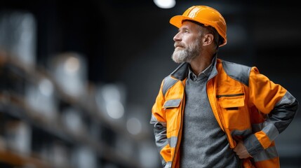 confident man in orange safety clothing and hard hat observes the warehouse. He stands amidst shelves filled with boxes, showing a dedicated work attitude
