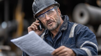 Construction worker stands at a busy site, examining documents while speaking on a mobile phone. He is wearing a hard hat and safety glasses. Its a sunny day