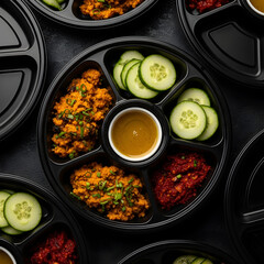 Overhead View of an Indian Takeaway Meal Platter with Assorted Dishes
