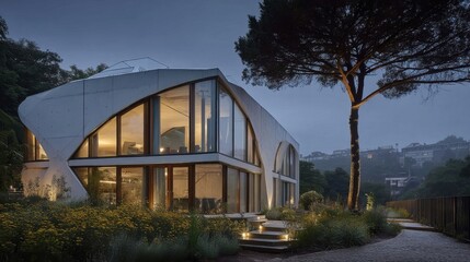 Obraz premium Modern architectural building with smooth concrete surfaces and large glass windows,