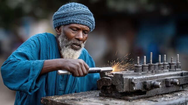 experienced craftsman focuses on creating metal pieces using a blowtorch in a workshop. Sparks fly as he meticulously shapes each component, demonstrating his expertise