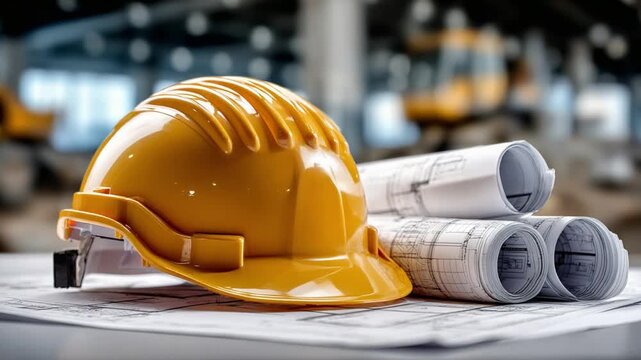 Construction Blueprint and Hard Hat: A close-up perspective showcases a bright yellow hard hat resting alongside a stack of construction blueprints.