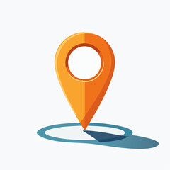 A bright orange location pin icon casting a shadow on a white background, symbolizing a geographical point of interest.