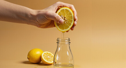 Hand squeezing lemon juice into glass bottle on yellow background