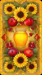 Arrangement of sunflowers pomegranates and honey jar