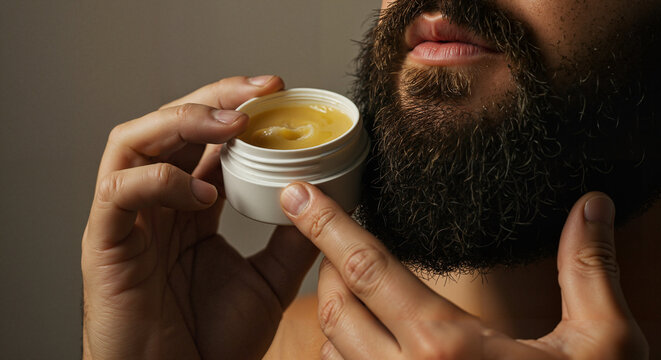 Man applying beard balm while holding container near his face  