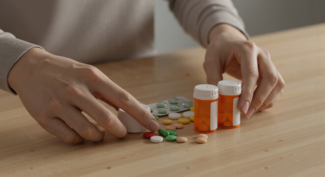 Person organizing pills from bottles on wooden surface  