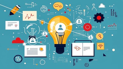 Creative digital illustration showcasing innovation with lightbulb, charts, and communication icons - Powered by Adobe