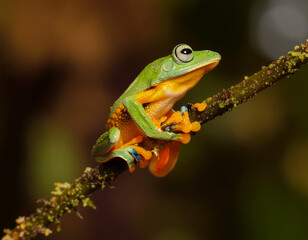 Fototapeta premium Green Tree Frog Perched on a Mossy Branch in Natural Habitat, Macro Shot