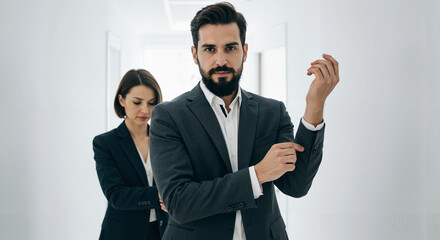 Man adjusting his suit jacket while woman stands behind him in office