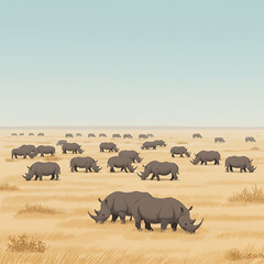 Obraz premium A large group of rhinos graze in a vast, dry grassland under a clear, light blue sky.