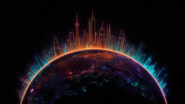 Luminous orange and blue neon skyscrapers materializing on the surface of a stylized planet, representing concepts of globalization, futuristic urbanization, technology, and worldwide connection