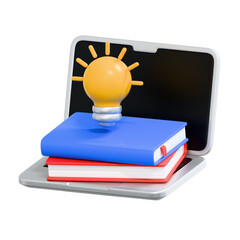 3D Rendering of Laptop with Books and Lightbulb Idea Icon