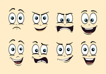 set of different cartoon facial expressions showing various emotions