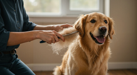 Golden retriever being brushed by owner in cozy indoor space  
