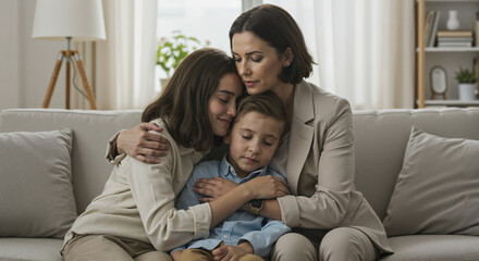 Mother cuddling with children on sofa in cozy living room  