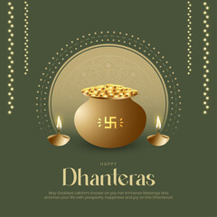 Happy Dhanteras Post and Greeting Card. Indian Festival of Lights and Akshaya Tritiya Celebration Creative Poster with Text Vector Illustration