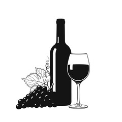 Vector art of red wine bottle, glass, and grapes