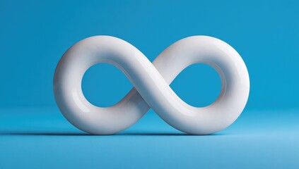 Fototapeta premium A smooth, glossy infinity symbol in brilliant white against a vibrant, simple azure background.