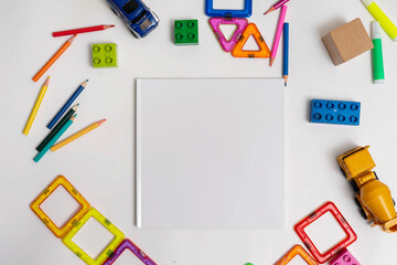 Blank book cover for mock up with laptop, smartphone