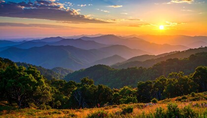 Majestic Mountain Sunrise Over Forested Hills