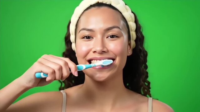 Happy young asian woman with a perfect smile brushing her teeth in a daily morning routine for dental hygiene on a green screen background