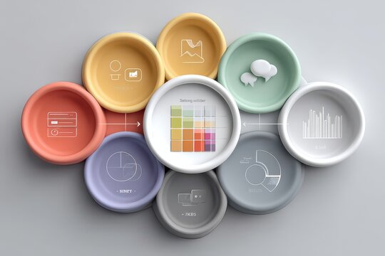 Colorful infographic with circular elements and visual diagrams for data presentation - Powered by Adobe