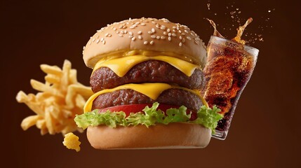 Double cheeseburger with fries and soda splash on brown background