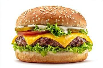 Juicy Cheeseburger with Lettuce Tomato Pickles and Sesame Seed Bun on White Background