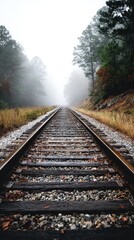 Fototapeta premium Foggy railway track through woods