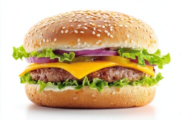 Juicy Beef Cheeseburger with Lettuce Tomato Onion and Cheese in Sesame Seed Bun