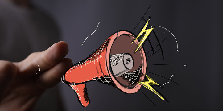 Digital marketing, announcement, news, loud message, communication, promotion, reach, power, broadcast, attention, hand, megaphone, c