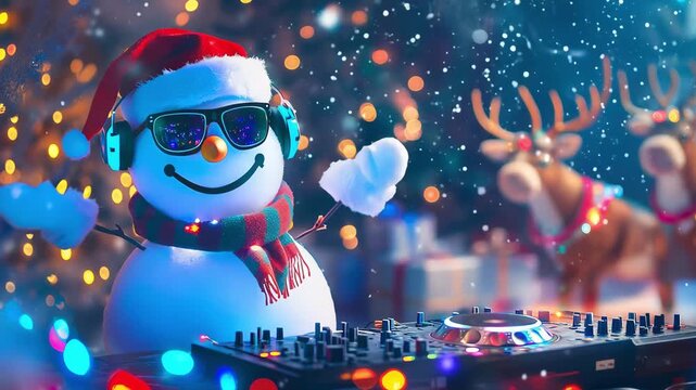 A snowman DJ plays music with reindeer and colorful Christmas lights during a joyful holiday gathering in December