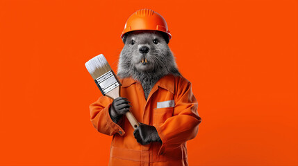 Playful beaver in orange work gear holding paintbrush on bold background