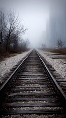 Fototapeta premium Empty railroad tracks through fog