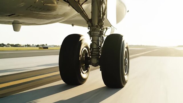 Closeup of airplane landing gear and wheels on runway, heavy aviation engineering detail at airport
