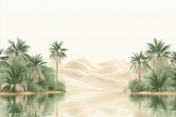 Desert oasis scene with palm trees and calm water