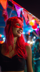 Young woman with red hair wearing a glitter mask smiling at night carnival party with colorful lights and festive decorations during halloween night. 