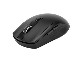 Modern black wireless computer mouse with scroll wheel and side buttons isolated on transparent background