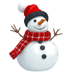 Cheerful snowman with red hat and scarf standing against a white winter background