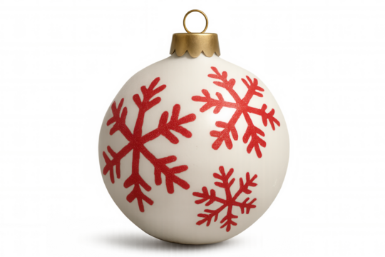 White christmas ornament with red snowflakes on transparent background, symbolizing winter holidays and festive decorations