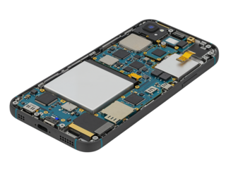 Detailed view of an open smartphone revealing its internal electronic components and circuitry isolated on transparent background
