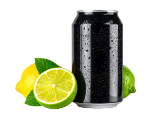 Ultra-detailed 8K PNG of a shiny black soda can placed beside fresh lemon and lime sl 605979