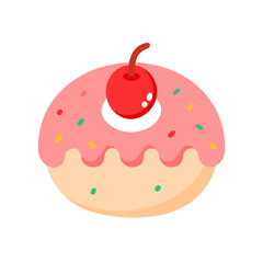 Vector art of a delightful donut with pink frosting and cherry on top, a sweet treat for any occasion and a tasty dessert
