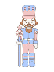 Cute nutcracker Christmas illustration, festive holiday clipart toy soldier, pastel winter decoration design isolate on a white background.