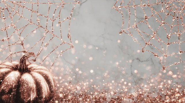 Glamorous glittery pumpkin and spiderweb backdrop perfect for Halloween promotions or elegant autumn themed designs with a touch of luxury and sparkle - Powered by Adobe