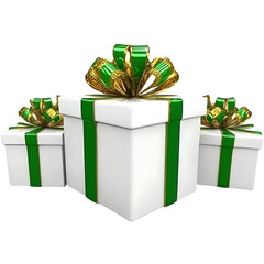 Three Elegant Gift Boxes with Green Ribbons and Golden Bows Perfect for Celebrations
