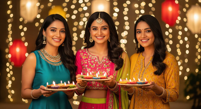 three young indian female friends celebrating diwali festival together at home - Powered by Adobe