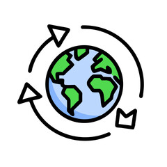 Illustration of planet earth with arrows around it, representing global recycling and environmental awareness